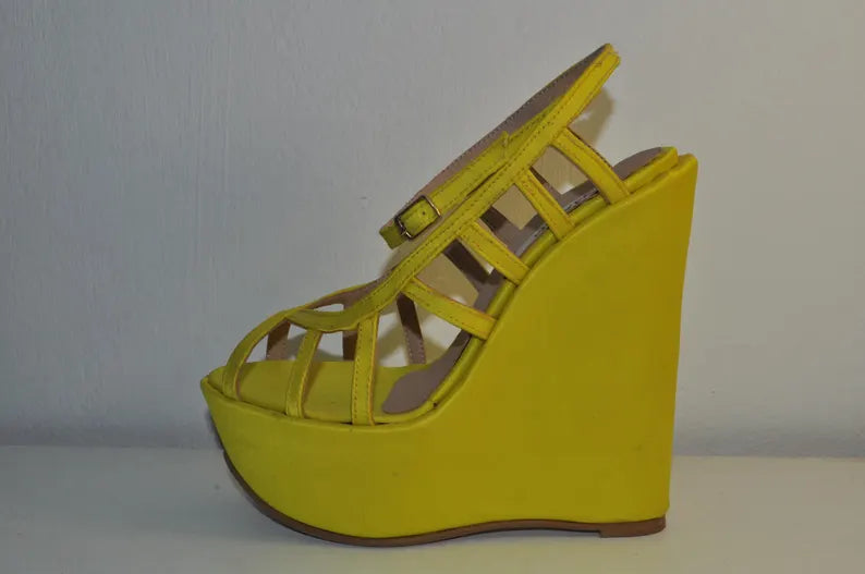 Handmade Yellow Leather Wedge Sandals – Elegant Evening Heels