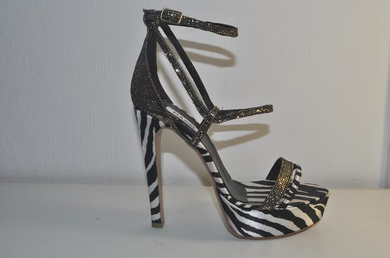 Zebra & Gold Evening Sandals: Chunky Luxury Heels for Women